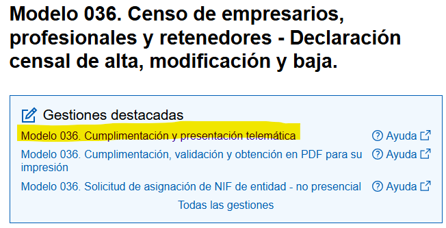 Filling Modelo 036 for registering activity